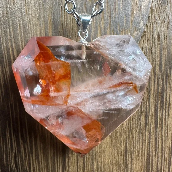 Fire Quartz Heart Necklace Pendant on Chain - Picture 3 of 11